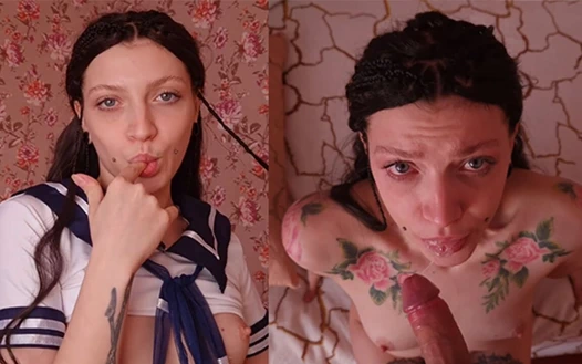 Cutie in Japanese College Girl Costume Gets a Big Cock in Her Throat with Gagging and Facial Cumshot