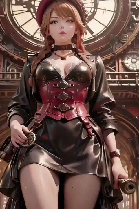 Steampunk Düşes! Kızıl saçlı mekanik kız vites salonunda azdırıyor.