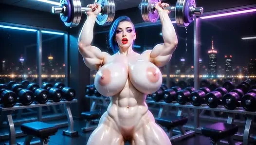 Blue Shaved Hair Muscular Milf - Massive Tits Shiny Skin Gym Squat & Thrust