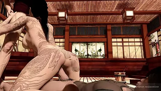 Seksi dövmeli Asyalı Japon ejderha bayan