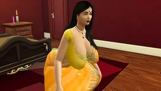 Desi teyze manju seksi sarı saree giyen azgın adamlar alay