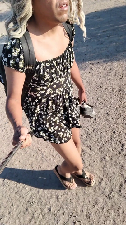 Cute Hot Ladyboy Walks In Public In Mini Dress And Sandals | Clip 1