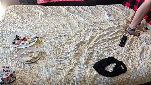 Amateur wife breakfast in bedroom, hairy pussy, big tits.