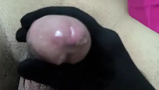 Indian wife uses hand gloves to masturbate husband and gets fucked in missionary, Shaved Indian pussy with shaved Husband
