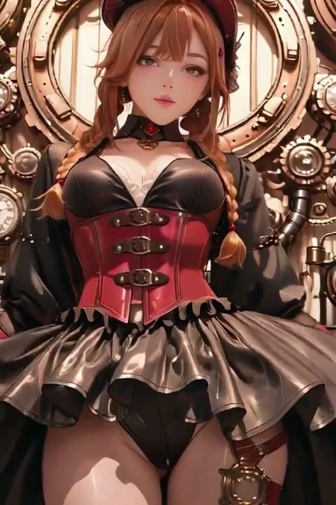 Steampunk Düşes! Kızıl saçlı mekanik kız vites salonunda azdırıyor.