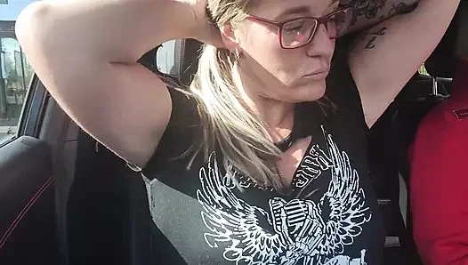 Pinky Pussy gets her Tits out for the Lads! Whilst Driving