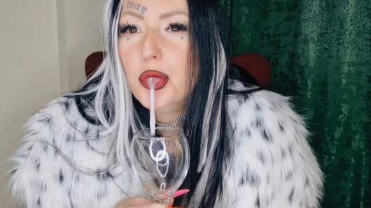 Tükürme fetişi. Dominatrix Nika senin için tükürük ve çiğnenmiş kiraz kokteyli hazırlıyor. Yemek fetişi.