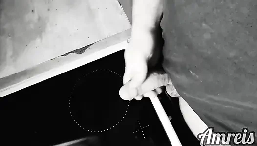 Quick jerking of an overexcited penis in the kitchen.