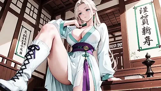 Beyaz Kimono hizmetçi! Japon koridorunda diz çöküyor, güneşin altında ıslak kalçaları ortaya çıkaran büyük yarık.