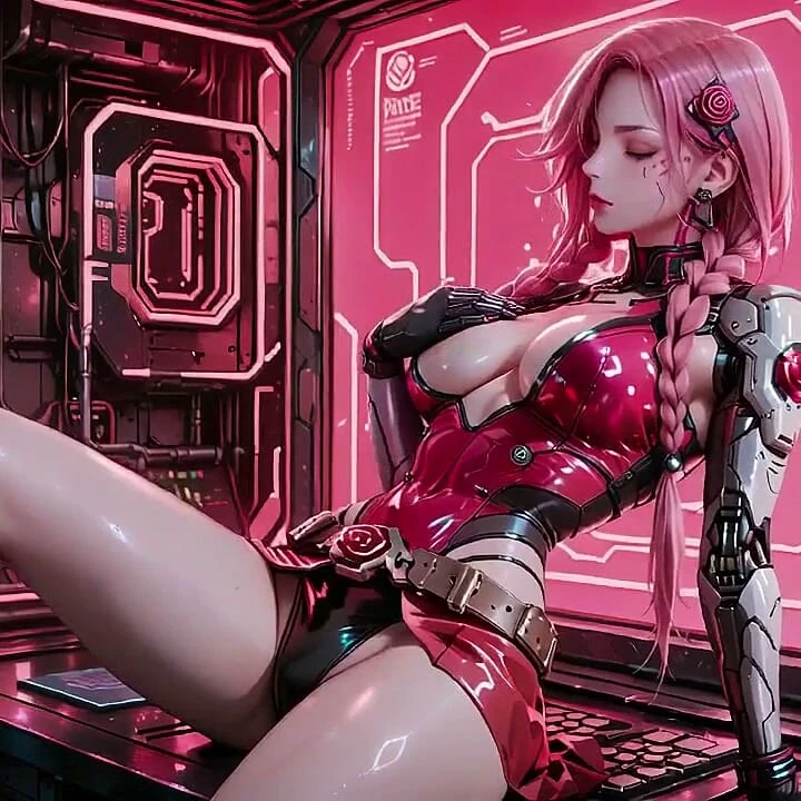 Pembe saçlı Cyperi hizmetçi neon kokpitte tembel uyanıyor