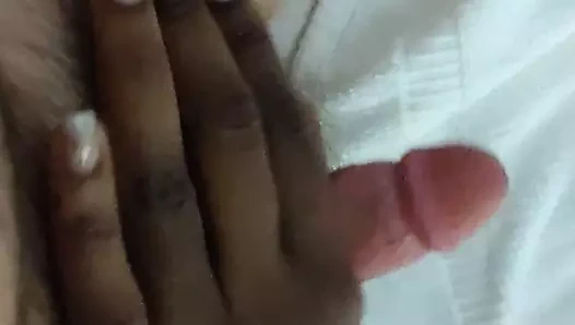 Woman jerks off small dick with great cumshot