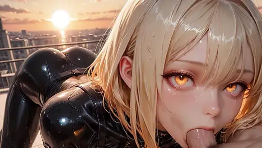 Vega Stone zeminini şehrin üstünde tutuyor, kaslar kuruldu, turuncu gökyüzü şiddetli bakışını tutuşturuyor - ai generated