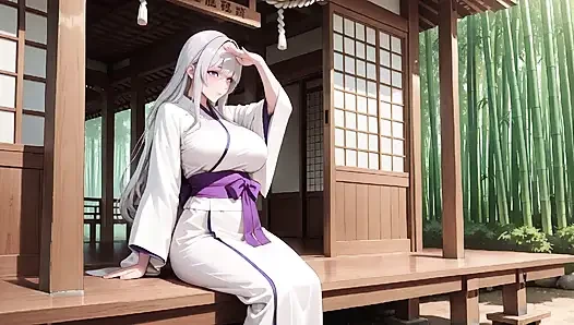 Gümüş saçlı miko tapınak sırları! Yarım düğmesiz beyaz kimono, diz çöküyor pozlar ve yoğun göz teması.