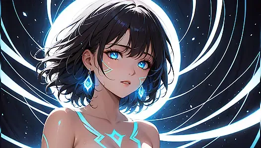 Mistik parlayan işaretlerle güzel bir genç kadının transosu