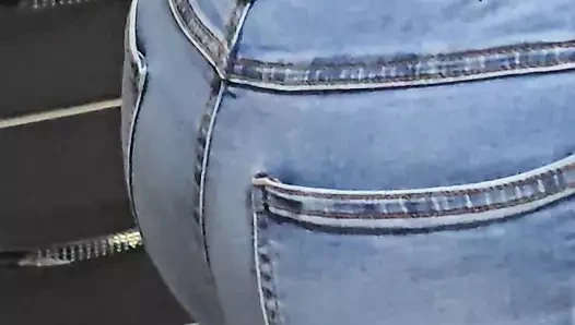 Step mom without panties under jeans in frot of step son