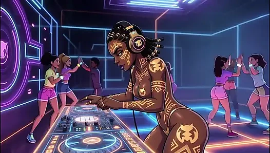 AI- DJ Girls in Private Exclusive Party - Beach Sunset + Tron Futuristic  + Tokyo Neon