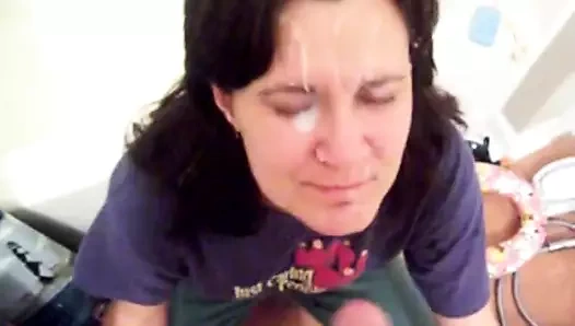 Clothed wife takes great blast on her face