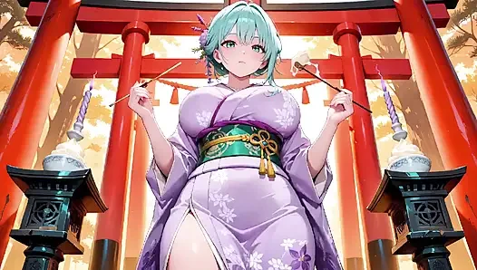 Mor kimono tanrıçası! Kırmızı Torii kapısının altındaki ıslaklığı kaldıramıyorum