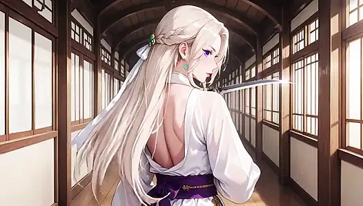 Beyaz Kimono hizmetçi! Japon koridorunda diz çöküyor, güneşin altında ıslak kalçaları ortaya çıkaran büyük yarık.