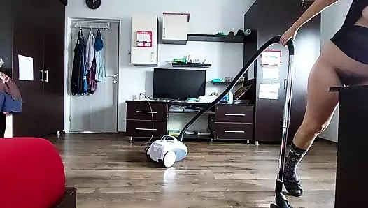 Sexy MILF, hairy pussy, big ass, vacuum cleaner in naked house. Latina with big hairy tits.