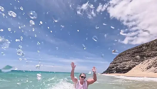 Girl Wetting Jeans in the Ocean and Swimming in Wet White T-shirt