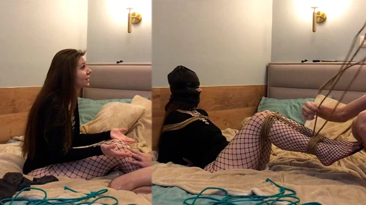 Tightly tied up sexy long-haired milf in a collar - homemade amateur BDSM bondage - Lovessie