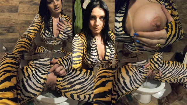 Open Pussy Jumpsuit Pee Play. Big Tits, Hard Nipples and Bathroom Fetish
