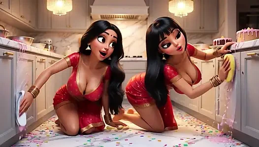 İki şehvetli Hintli lezbiyen geleneksel külotsuz elbisesini ortaya koyarak dört ayak üzerinde mutfak zeminini temizliyor