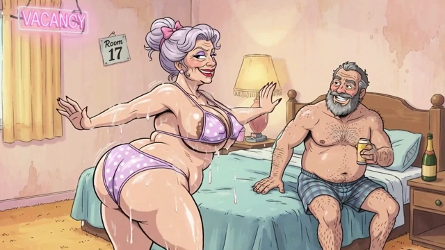 Motel odası animasyonlarında yaşlı çiftler
