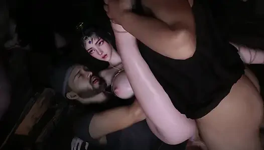 Seksi elbise giyen 3 boyutlu ateşli Asyalı bebek ilk kez grup seks yapıyor