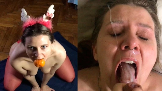 A facial for a Christmas MILF who obediently deep-throats two long cocks - Lovessie