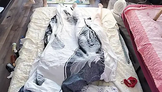 Sensual massage of a hot amateur couple with oil on the body.