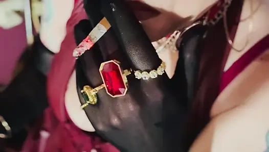 Red Leather & Cigarettes! Tina Snua Smoking A Cigarette Wearing Black Sheer Gloves & Jewelry