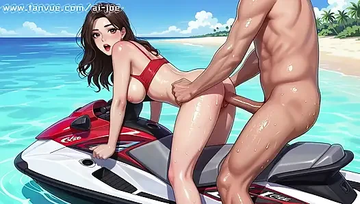 A beautiful woman in a Korean-style comic style, a Korean beauty, on a beautiful seaside motorboat! New style,   AI generated
