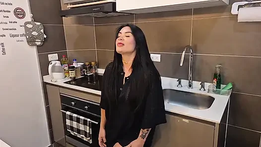 Beautiful redhead with huge tits sucks my cock Jerks me off just before dinner