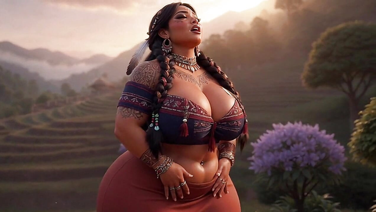 Tombul yerli kabile iri güzel kadın sunset köyünde soyunuyor ve büyük göğüslerini gösteriyor