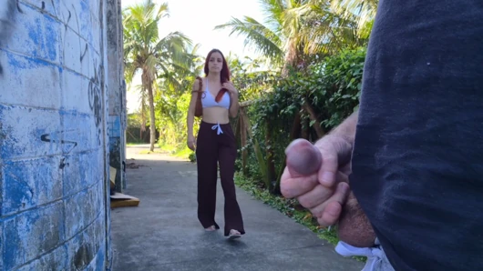 Risky handjob for hot redhead on the walk in the park in public!