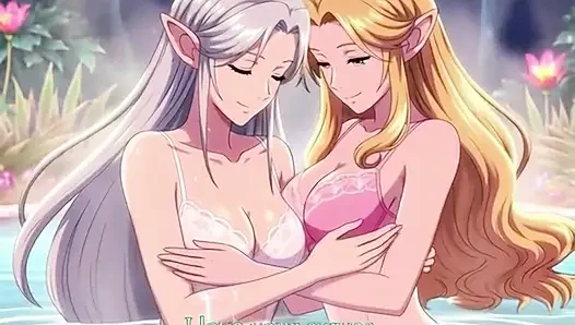 Two beautiful lesbian elves share an intimate night in a magical hot springs