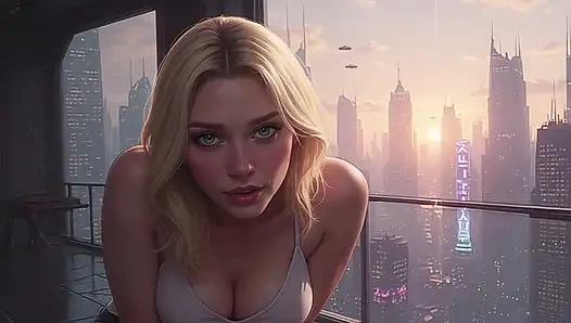 2099 Olivia in the Future Suggestive Teasing showing her Ample Cleavage Part 1