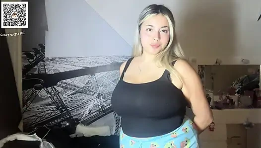 Cute American teen with huge tits tries on tops for your cum