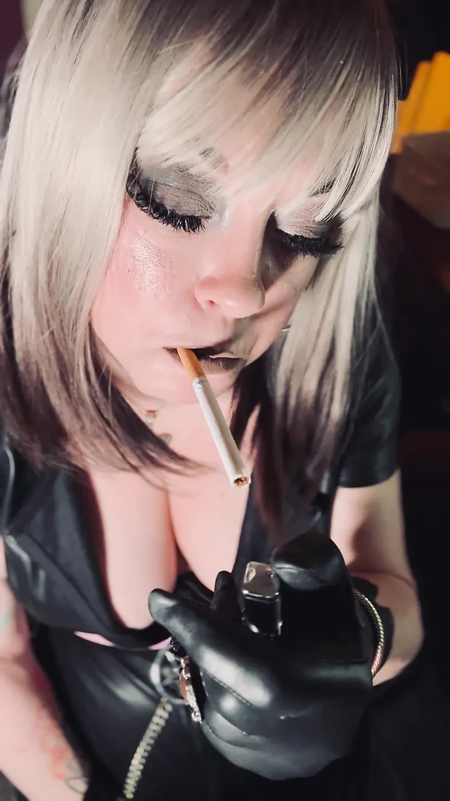 Leather & Gloved Blonde Mistress Tina Snua Smokes A Quick Cork 100 Cigarette