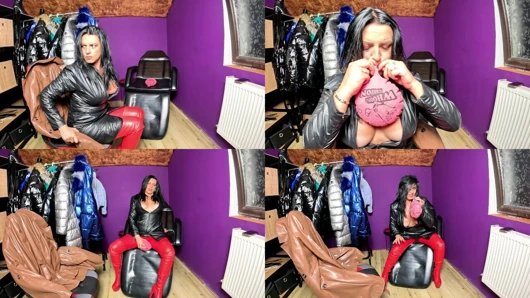 Dominant MILF Whoopee Cushion Fetish in Leather & Shiny PVC. Loud Fart Sounds and Sexy Sitting