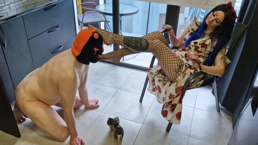 Harika ayak fetişi. File çoraplı ince ve uzun bacaklar. Köle tanrıçanın ayaklarına tapıyor, ayaklarını kokluyor ve öpüyor.