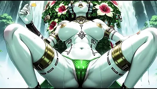 Çiçekli kız şelalede seksi poz veriyor (ai animasyonu)