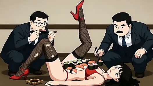 Suşi kızı: zengin adamlar seksi bir sürtüğün vücudundan yemek yiyor ve sonra onu sikiyor