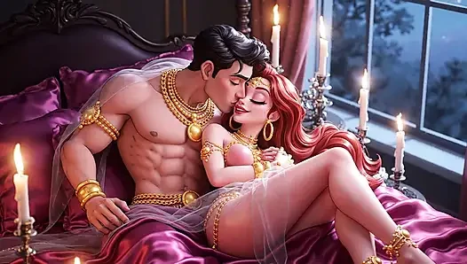 Lüks çizgi film aşıkları samimi yatak odası romantizm derlemesi - altın süsler şehvetli animasyonlu tutku