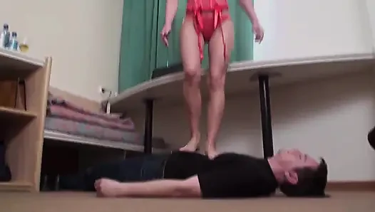 Young sexy feet keep pressing his body