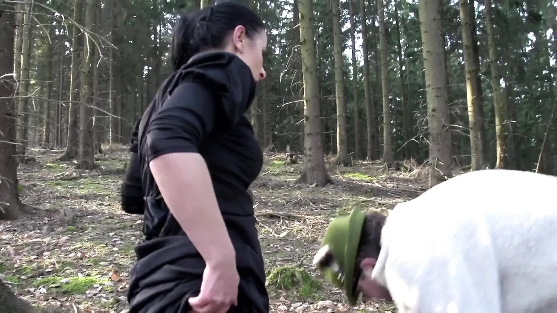 Brunette milf in a costume of a witch just been caught and fucked in the ass from a forest keeper