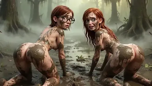 Two Stunning Women Lose Their Clothes in a Dark Swamp Searching for Their Friend and End up Naked in the Mud (ai Generated)
