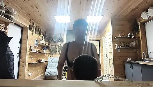 on the sofa in the sauna